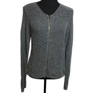 EILEEN FISHER Charcoal Gray Open Knit Zipper Cardigan Sweater Linen Blend XL